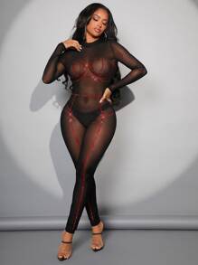 SHEIN SXY Rhinestone Sheer Mesh Unitard Jumpsuit Without Lingerie Set - Black - View 5