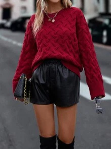 Textured Knit Drop Shoulder Sweater - Burgundy - View 1