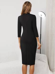 HOMEYEE Zip Back Solid Formal Dress - Black - View 2