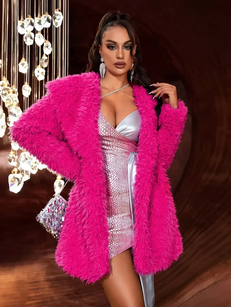 SHEIN SXY Waterfall Collar Open Front Fuzzy Coat - Hot Pink - View 1