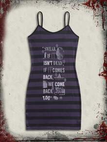 WB Horror | ROMWE Striped Slogan Graphic Cami Dress - Multicolor - View 6
