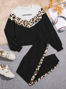 SHEIN Teen Girls Colourblock Letter & Leopard Print Pullover & Joggers - Multicolor - View 1