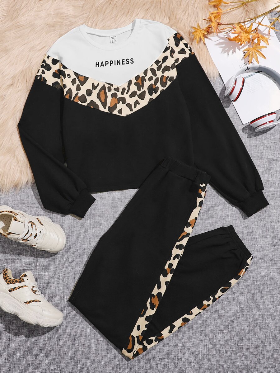 SHEIN Teen Girls Colourblock Letter & Leopard Print Pullover & Joggers - Multicolor - View 1