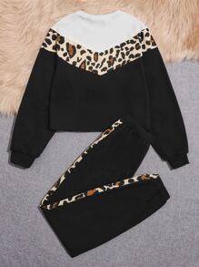 SHEIN Teen Girls Colourblock Letter & Leopard Print Pullover & Joggers - Multicolor - View 2