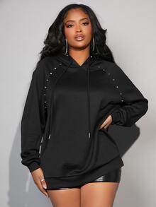 SHEIN SXY Studded Detail Raglan Sleeve Drawstring Hoodie - Black - View 3