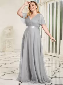 Plus Size Mesh Ruched Bodice High Waisted Bridesmaid Dress