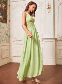 SHEIN Belle Đầm Maxi Phù Dâu Cổ V Sâu Bọc Vừa Vặn & Loe - Màu xanh chanh - Xem 4