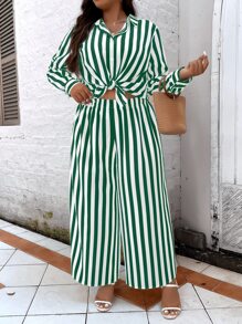 SHEIN LUNE Plus Vertical Striped Print Shirt & Wide Leg Pants - Green - View 4