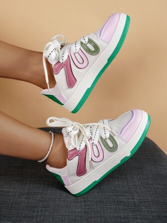 數字細節前綁帶板鞋,撞色女士休閒運動鞋帶多種顏色