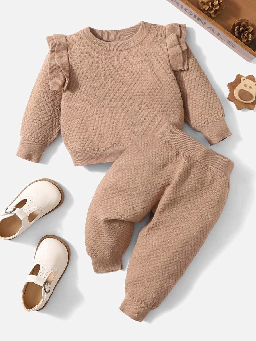 Baby Ruffle Trim Jumper & Textured Knit Trousers - Mocha Brown - View 1