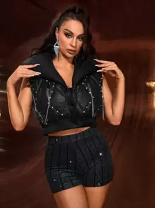 SHEIN SXY High Waist Rhinestone Decor Shorts - Black - View 5