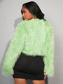 SHEIN SXY Zipper Front High Low Hem Fuzzy Coat - Lime Green - View 2