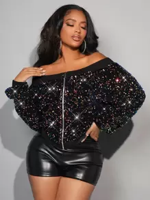 SHEIN SXY Off Shoulder Zip Up Sequin Jacket - Black - View 1