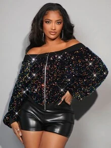 SHEIN SXY Off Shoulder Zip Up Sequin Jacket - Black - View 3
