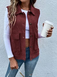 SHEIN LUNE Áo khoác nữ Túi Nút phía trước màu trơn Giải trí - Rỉ Nâu - Xem 1