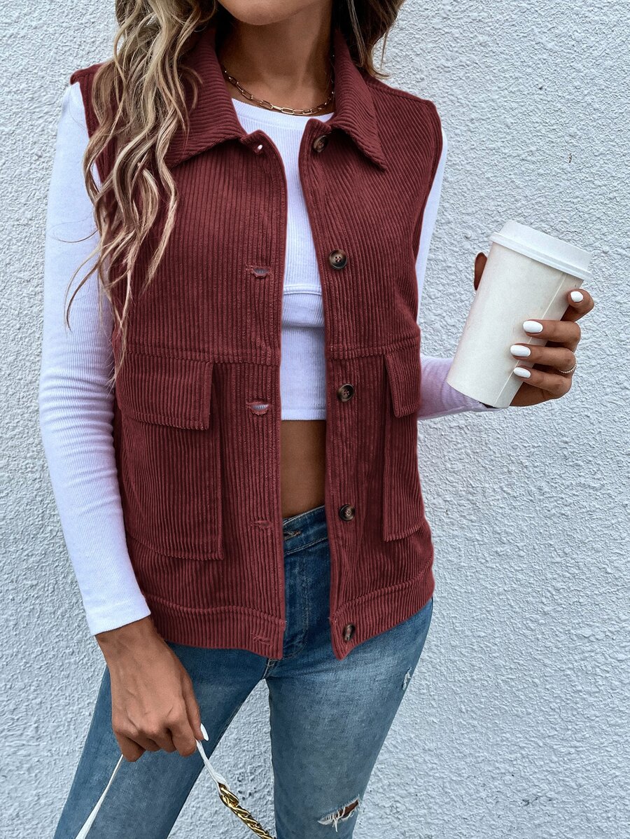 SHEIN LUNE Áo khoác nữ Túi Nút phía trước màu trơn Giải trí - Rỉ Nâu - Xem 1