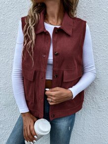 SHEIN LUNE Áo khoác nữ Túi Nút phía trước màu trơn Giải trí - Rỉ Nâu - Xem 3