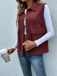 SHEIN LUNE Áo khoác nữ Túi Nút phía trước màu trơn Giải trí - Rỉ Nâu - Xem 4