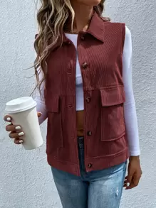 SHEIN LUNE Áo khoác nữ Túi Nút phía trước màu trơn Giải trí - Rỉ Nâu - Xem 5