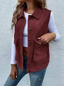 SHEIN LUNE Áo khoác nữ Túi Nút phía trước màu trơn Giải trí - Rỉ Nâu - Xem 6