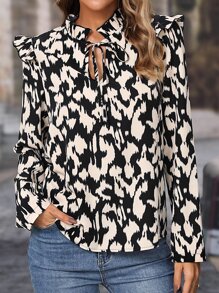 SHEIN LUNE Allover Print Frill Trim Tie Neck Blouse - Multicolor - View 3