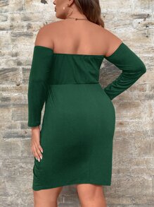 SHEIN Clasi 大碼一字肩圍裹褶邊連衣裙 - 綠色 - 查看 2