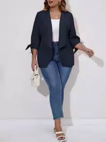 SHEIN LUNE Plus Knot Cuff Open Front Blazer - Navy Blue - View 1