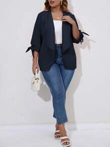 SHEIN LUNE Plus Knot Cuff Open Front Blazer - Navy Blue - View 3
