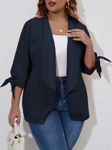 SHEIN LUNE Plus Knot Cuff Open Front Blazer - Navy Blue - View 4