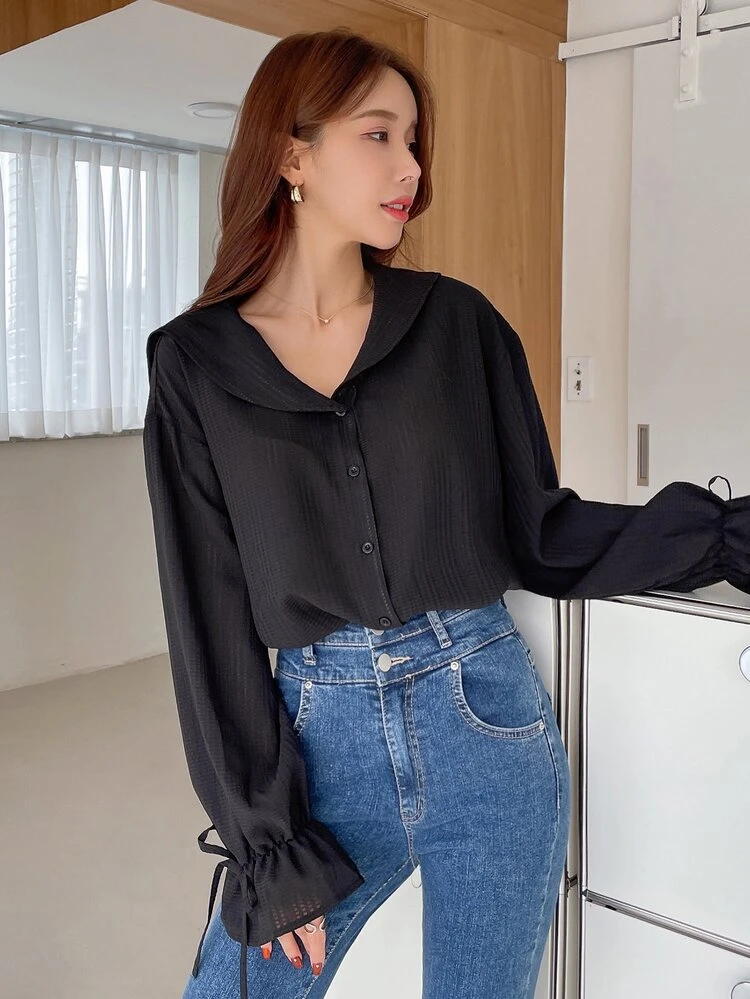 Flounce Sleeve Drawstring Detail Shirt
