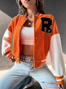 SHEIN Unity Letter Patched Striped Trim Drop Shoulder Varsity Jacket - Orange - View 1