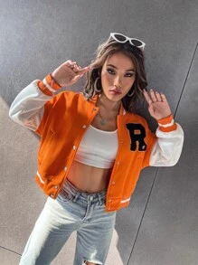 SHEIN Unity Letter Patched Striped Trim Drop Shoulder Varsity Jacket - Orange - View 3