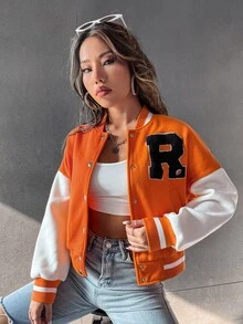 SHEIN Unity Letter Patched Striped Trim Drop Shoulder Varsity Jacket - Orange - View 4