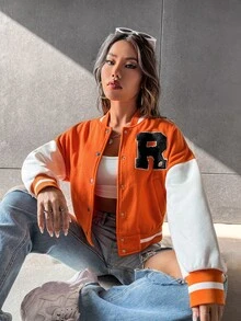 SHEIN Unity Letter Patched Striped Trim Drop Shoulder Varsity Jacket - Orange - View 6