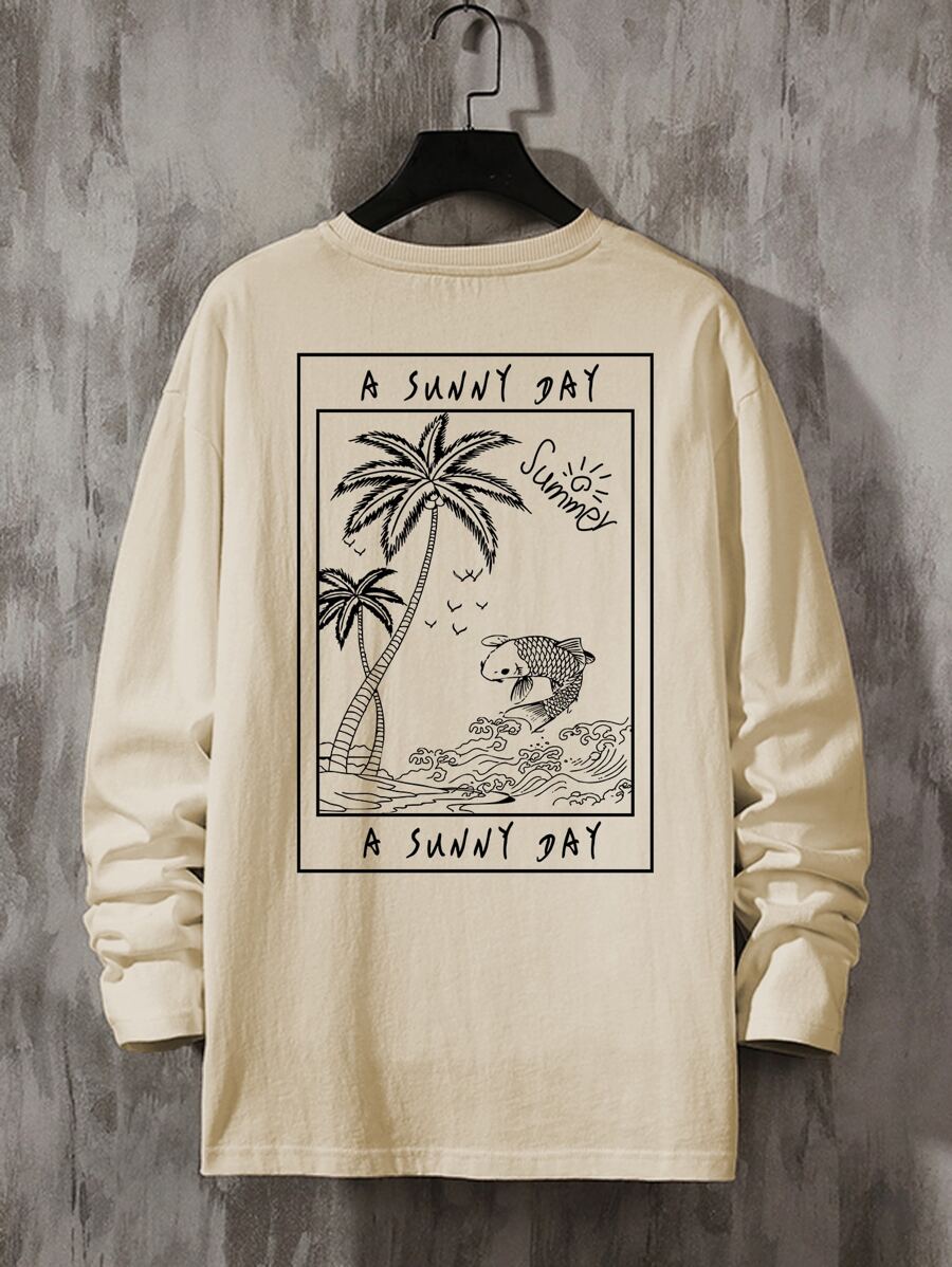 Manfinity Camiseta Holgada Para Hombres Con Diseño De Letra Y Onda, Hombros Caídos - Albaricoque - Ver 1