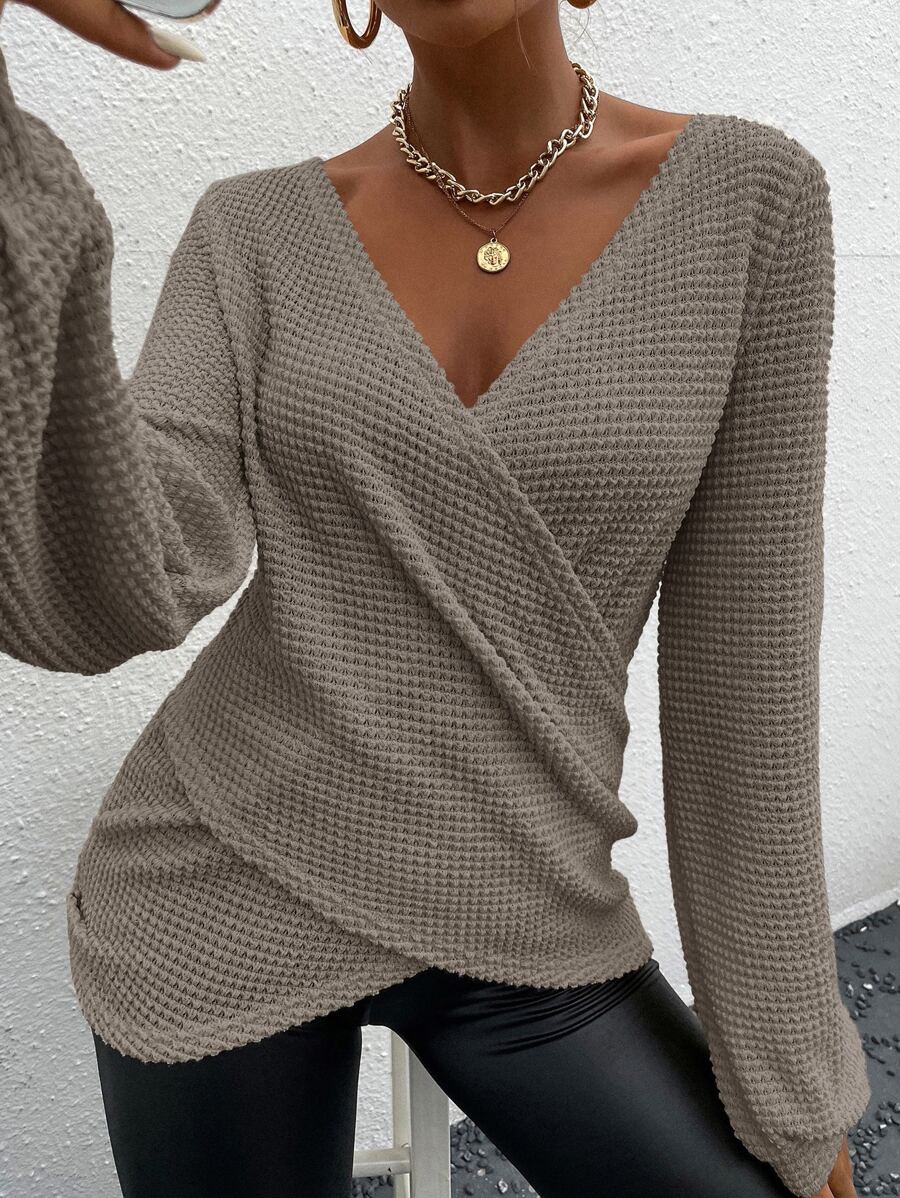 SHEIN Essnce Solid Wrap Bishop Sleeve Tee - Mocha Brown - View 1