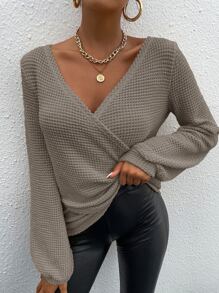 SHEIN Essnce Solid Wrap Bishop Sleeve Tee - Mocha Brown - View 3