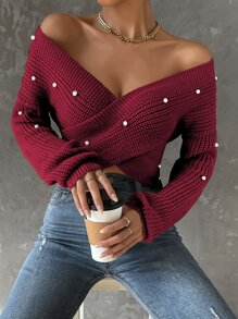 SHEIN Privé Pearls Beaded Crossover Drop Shoulder Sweater - Burgundy - View 1