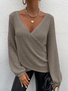 SHEIN Essnce Solid Wrap Bishop Sleeve Tee - Mocha Brown - View 4