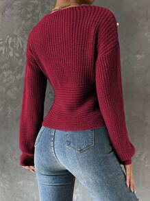 SHEIN Privé Pearls Beaded Crossover Drop Shoulder Sweater - Burgundy - View 2