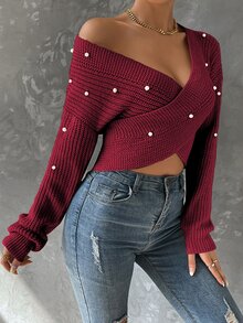 SHEIN Privé Pearls Beaded Crossover Drop Shoulder Sweater - Burgundy - View 3