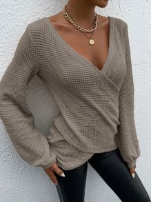 SHEIN Essnce Solid Wrap Bishop Sleeve Tee - Mocha Brown - View 5