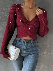 SHEIN Privé Pearls Beaded Crossover Drop Shoulder Sweater - Burgundy - View 4