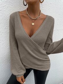 SHEIN Essnce Solid Wrap Bishop Sleeve Tee - Mocha Brown - View 6