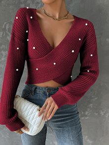SHEIN Privé Pearls Beaded Crossover Drop Shoulder Sweater - Burgundy - View 5