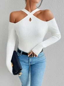 SHEIN Unity 十字交叉挖肩條紋針織套頭毛衣 - 白色 - 查看 1