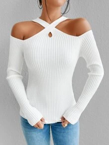 SHEIN Unity 十字交叉挖肩條紋針織套頭毛衣 - 白色 - 查看 3