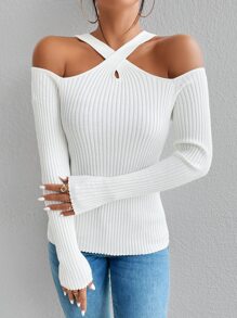 SHEIN Unity 十字交叉挖肩條紋針織套頭毛衣 - 白色 - 查看 4