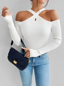 SHEIN Unity 十字交叉挖肩條紋針織套頭毛衣 - 白色 - 查看 5