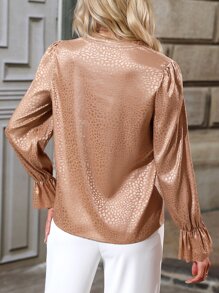 SHEIN LUNE Satin Jacquard Flounce Sleeve Blouse - Champagne - View 2